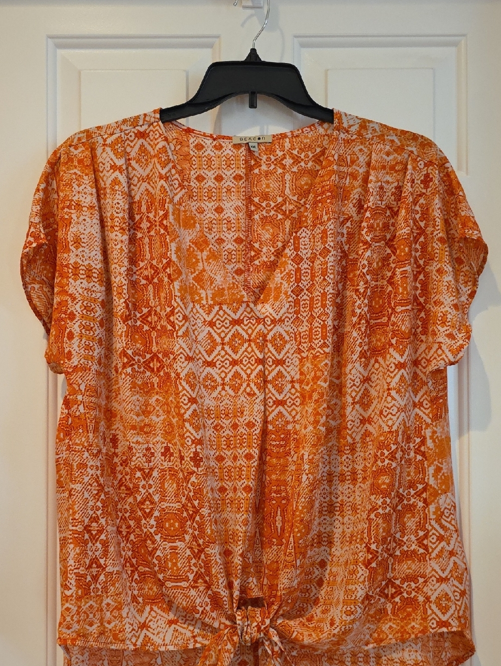 Women's XXL Beacon Orange Printed Tie-Front Blouse
